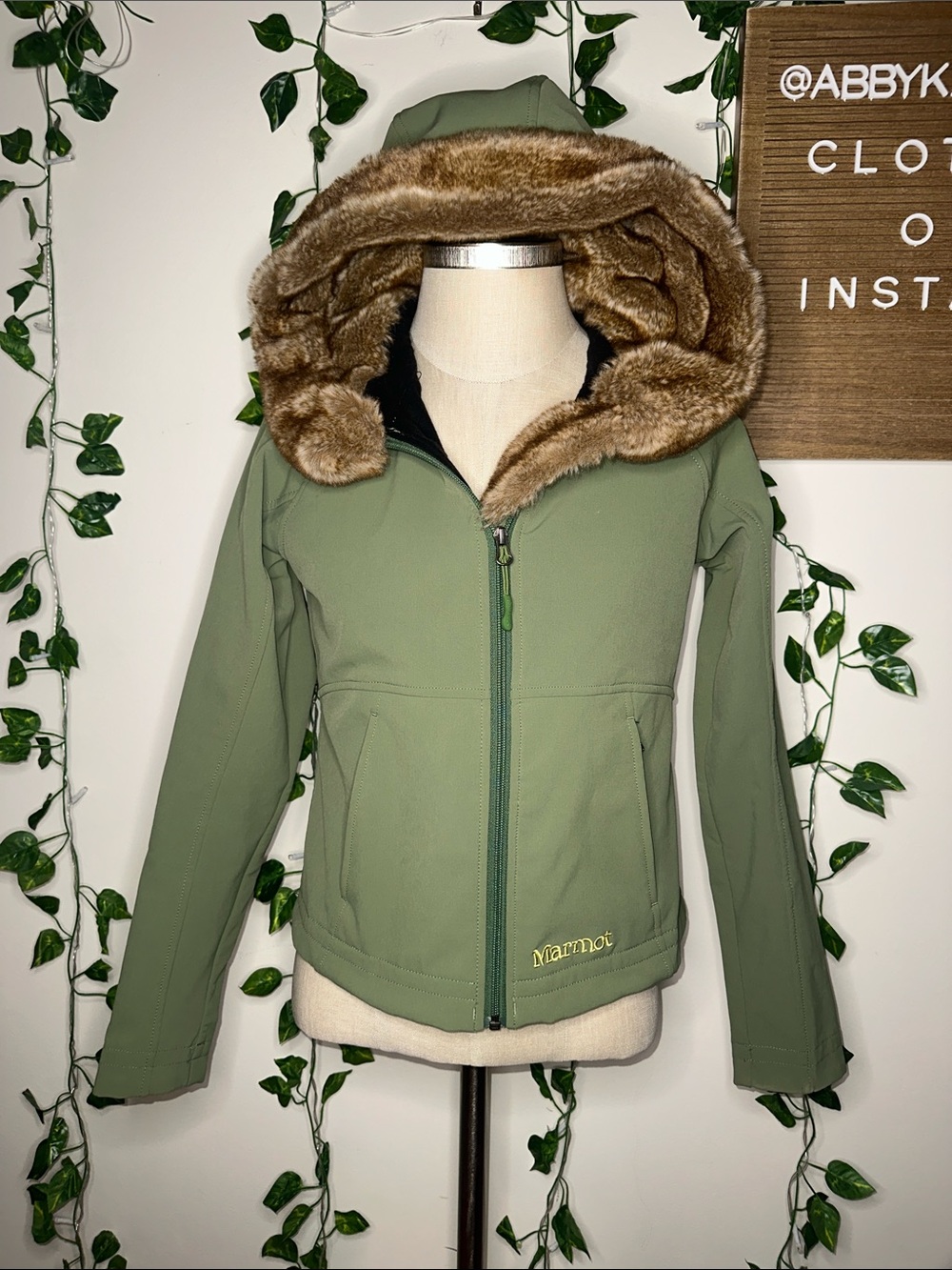 Marmot Furlong Soft Shell Faux Fur Hooded Zip Up Jacket Green